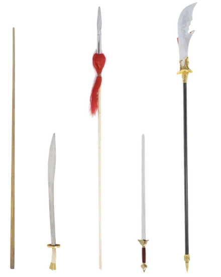 Armes traditionnelles du Thieulâm : bâton, sabre, lance, épée et hallebarde